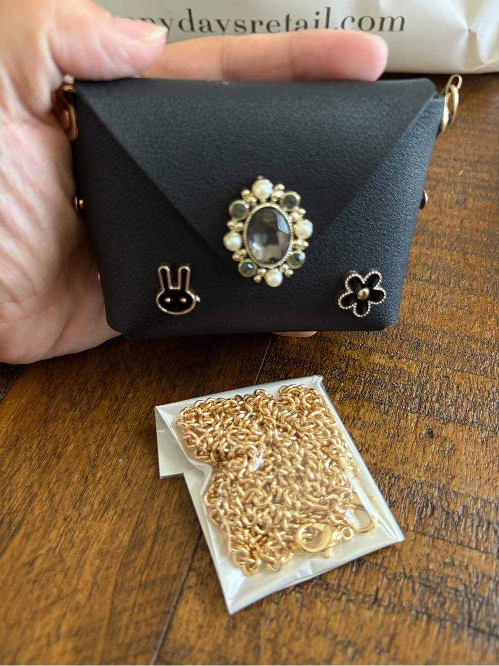 Black Jeweled Mini Crossbody Bag with Gold Chain